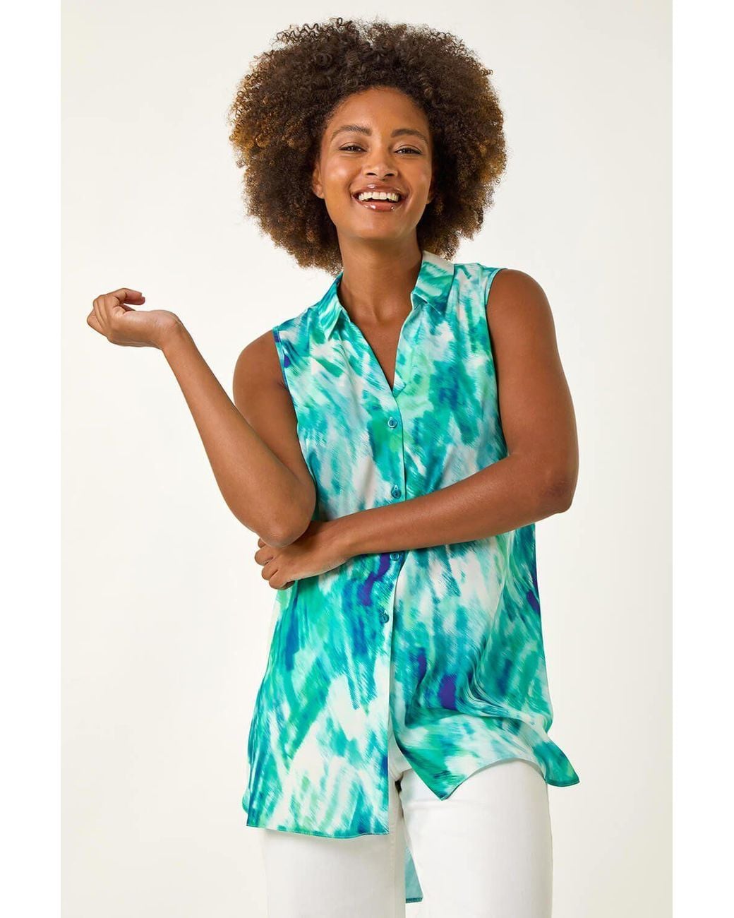 Roman Blue Abstract Print Button Longline Blouse