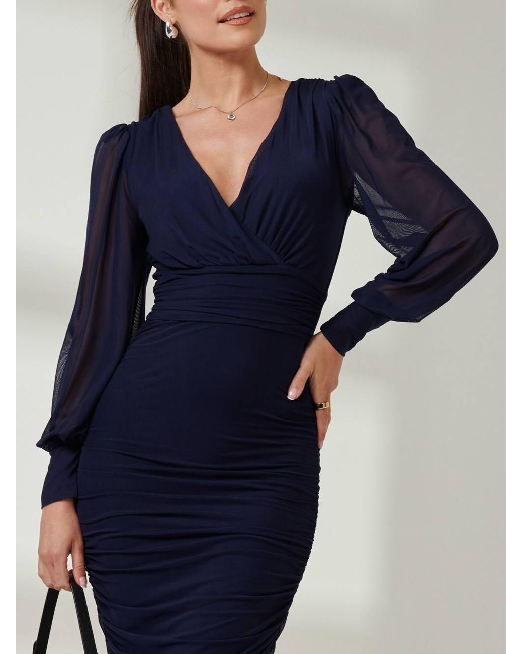 Jolie Moi Blue Long Sleeve Ruched Mesh Midi Dress