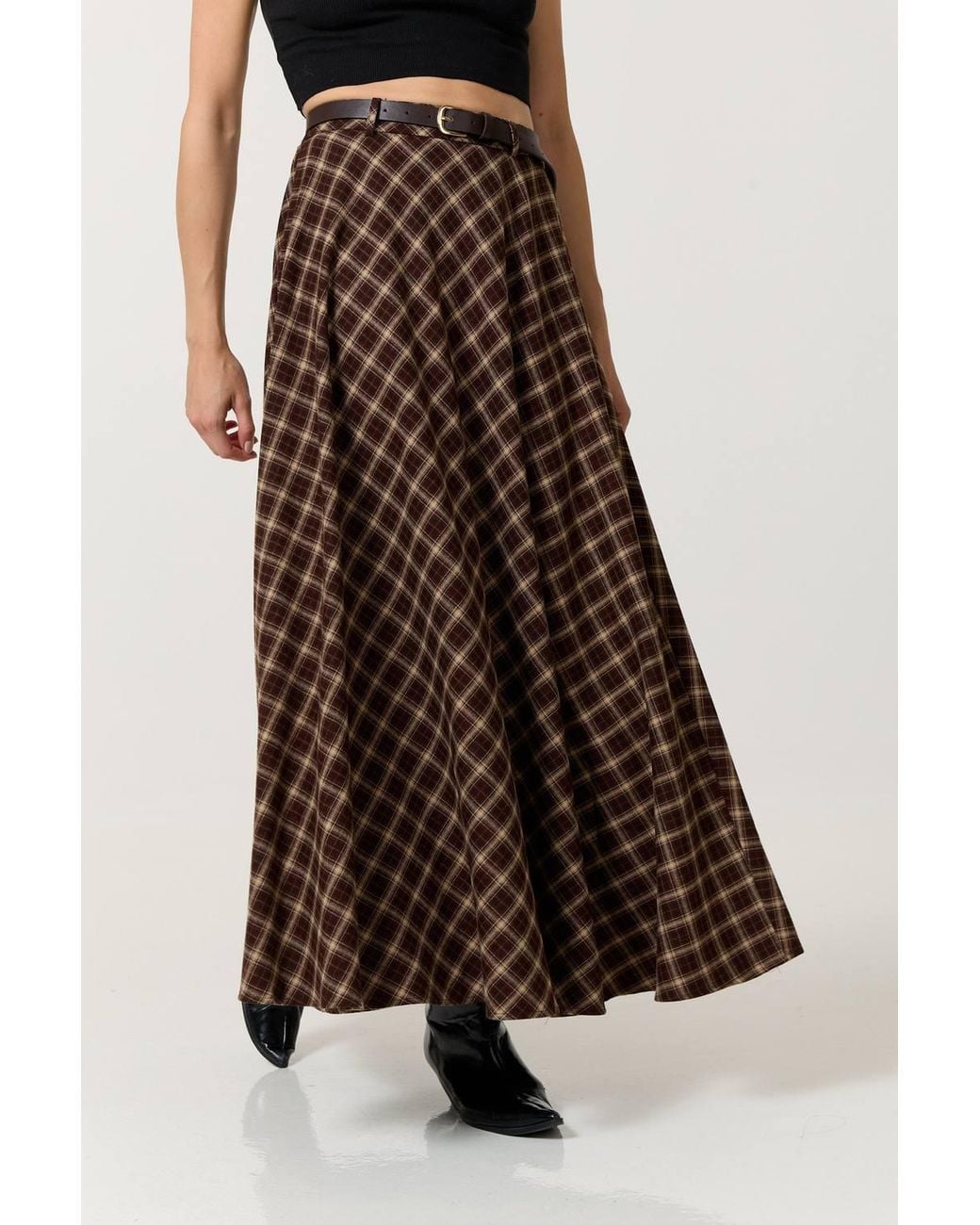Liquorish Brown Check Belted Maxi Skirt