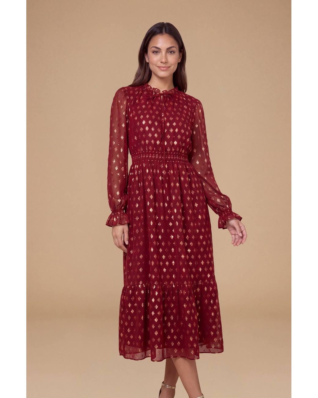 Dorothy Perkins Red Petite Tie Neck Metallic Jacquard Blouson Sleeve Midaxi Dress