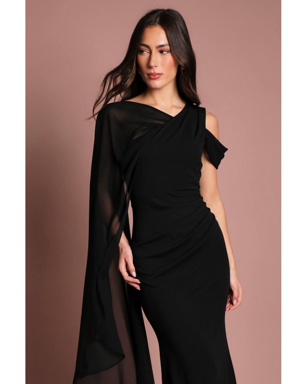 Coast Black One Shoulder Chiffon Cape Crepe Maxi Dress