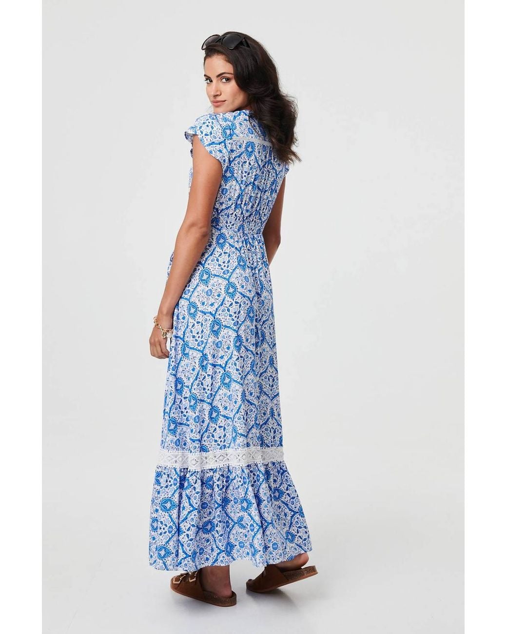 Izabel London Blue Mosaic Print Cap Sleeve Maxi Dress