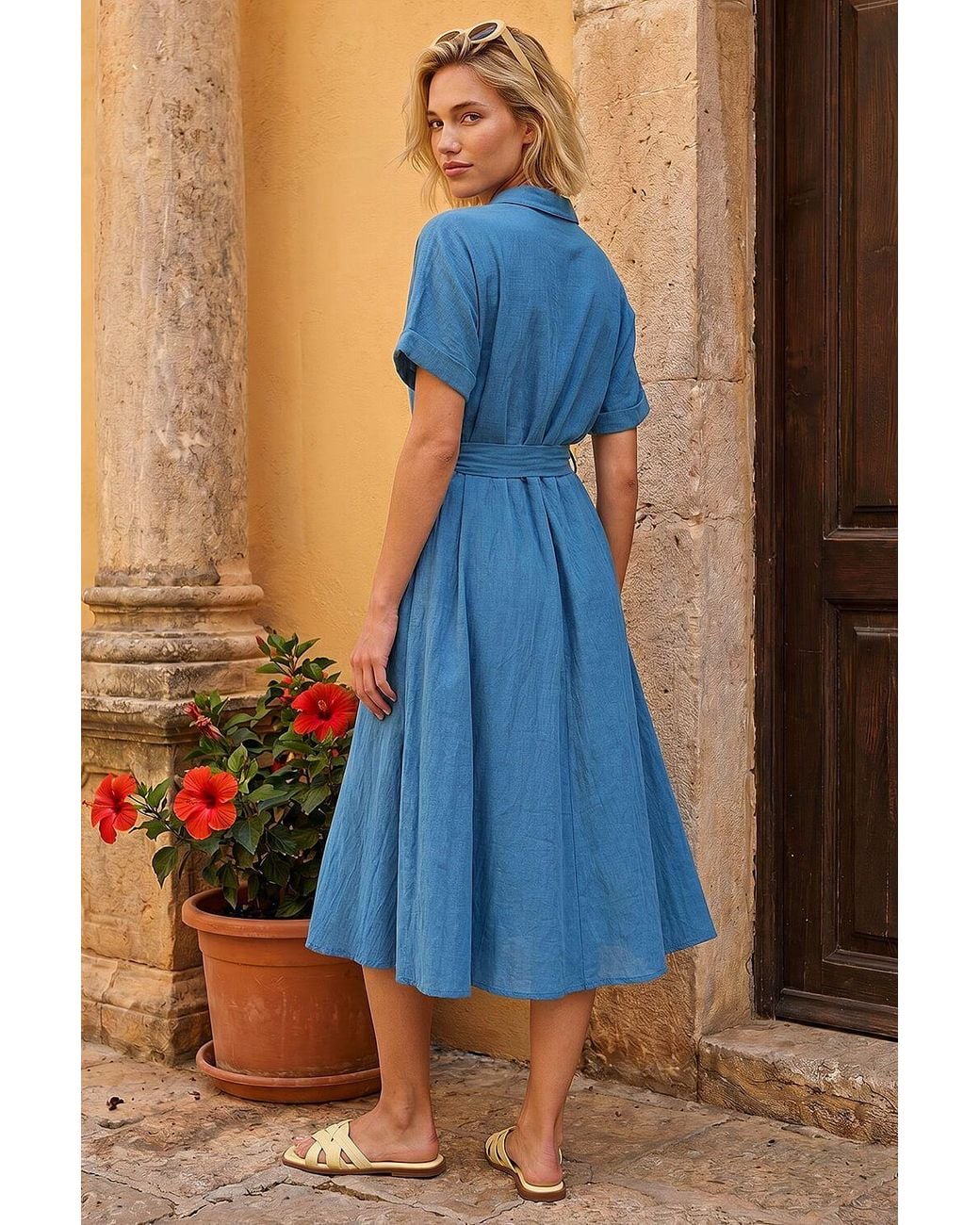 Roman Blue Linen Look Belted Shirt Dress