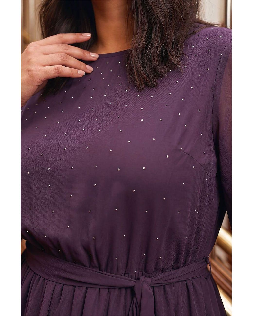 Roman Purple Curve Hotfix Tie Waist Dress