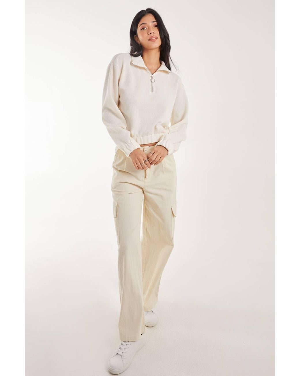 Pink Vanilla White High Neck Zip Up Cropped Sweateshirts