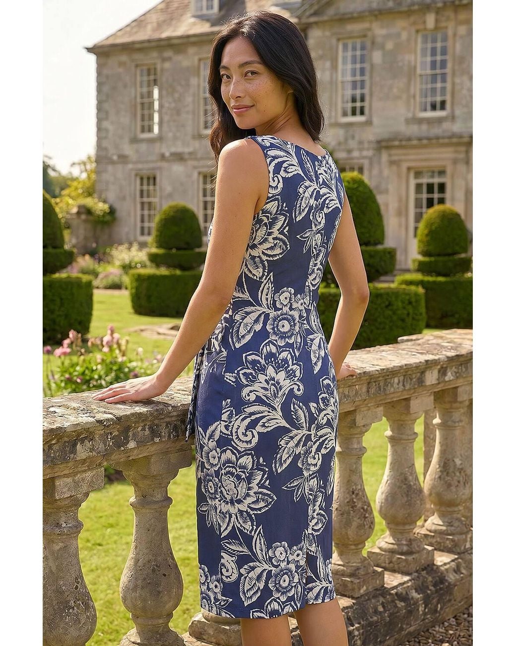 Roman Blue Petite Floral Side Tie Midi Dress