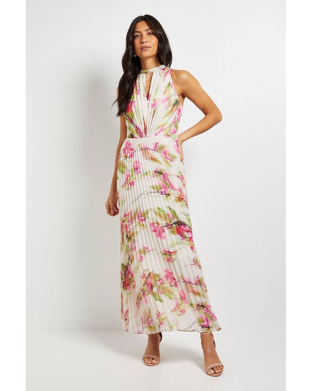 Wallis White Floral Print Pleated Maxi Dress