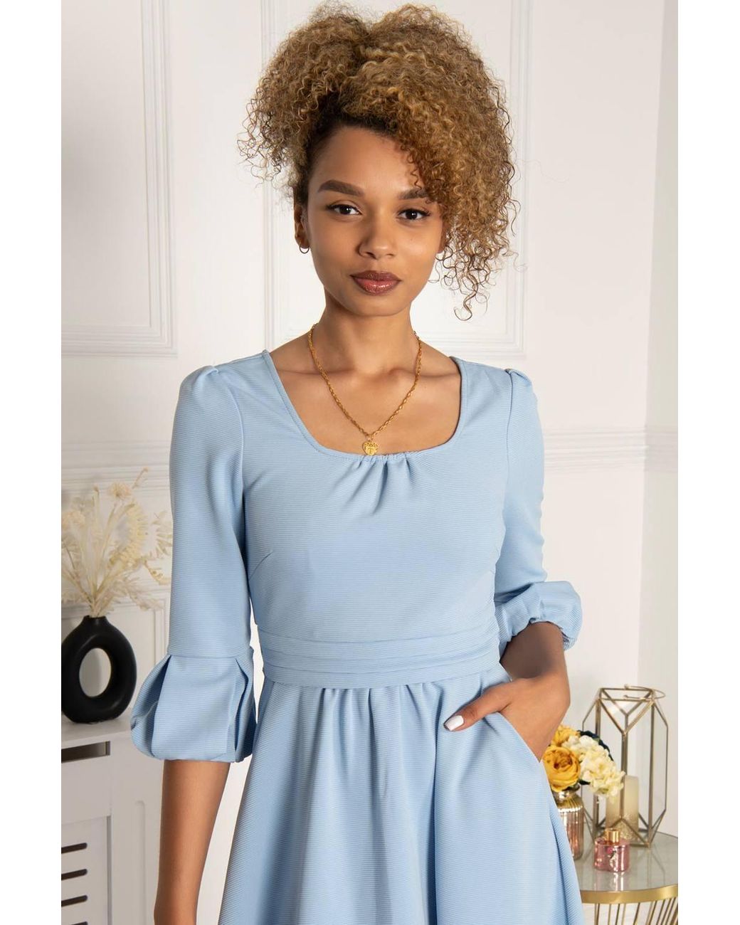 Jolie Moi Blue Bell Sleeve Flare Midi Dress