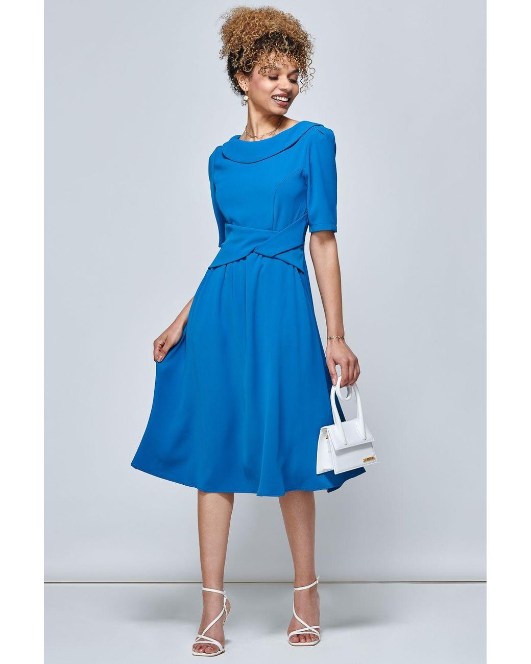 Jolie Moi Blue Darlene Fold Over Neck Dress