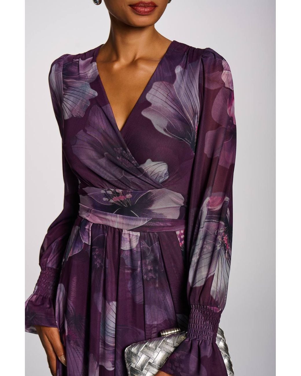 Jolie Moi Purple Long Sleeve V Neck Mesh Maxi Dress