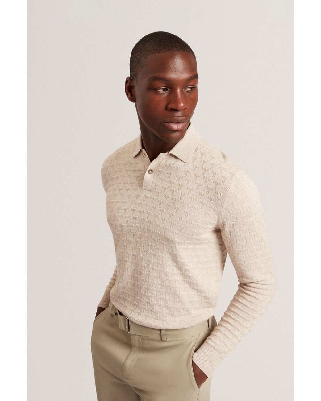 Ted Baker Natural Gaten Long Sleeve T Stitch Polo Shirt for men