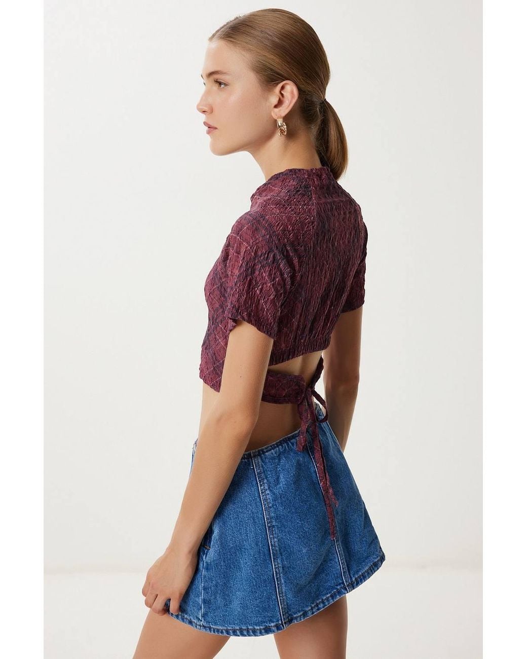 Happiness İstanbul Red Abstract Print Short Sleeve Slim Fit Crop Blouse