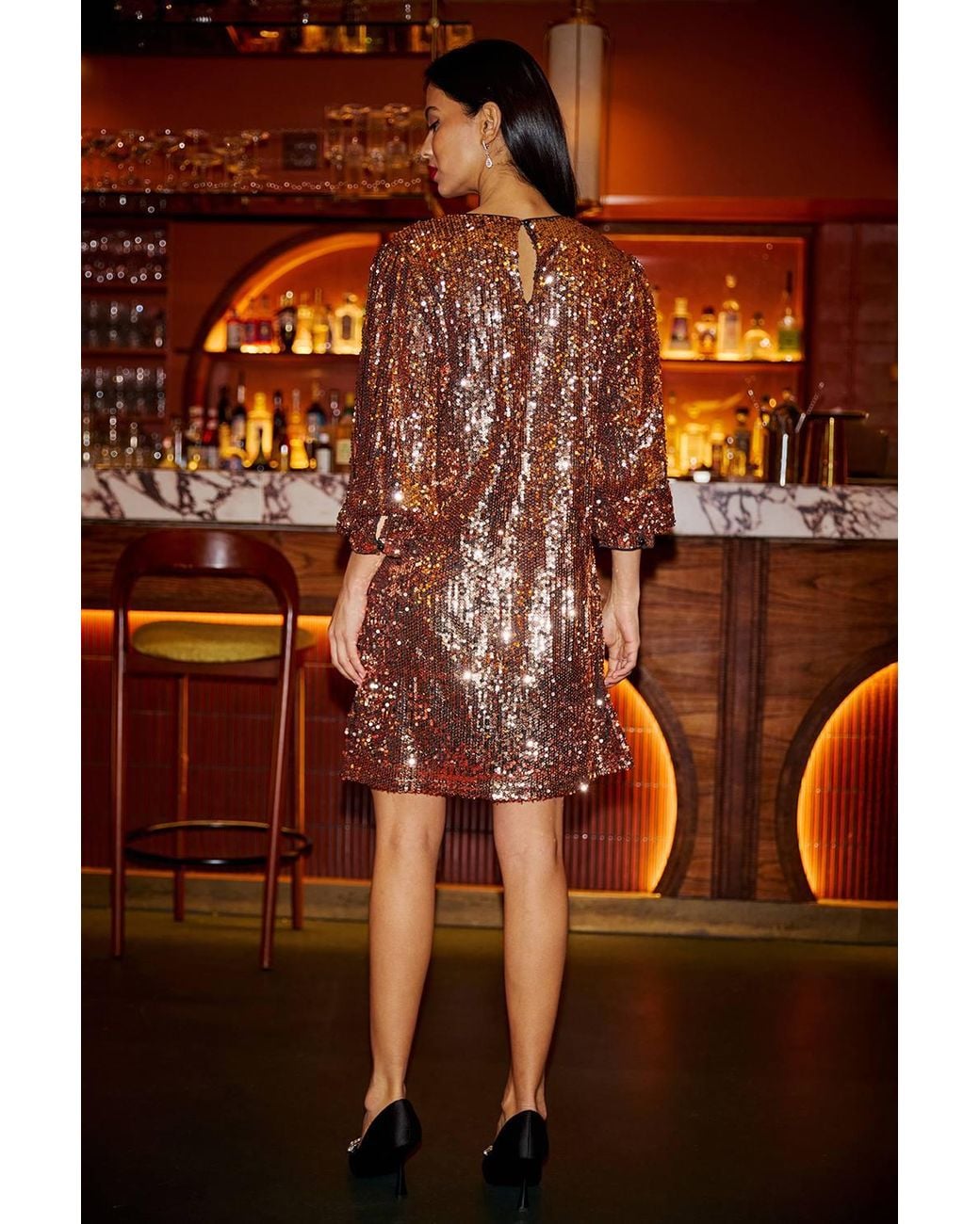 Yumi' Orange Sequin Tunic Dress With Balloon Sleeves