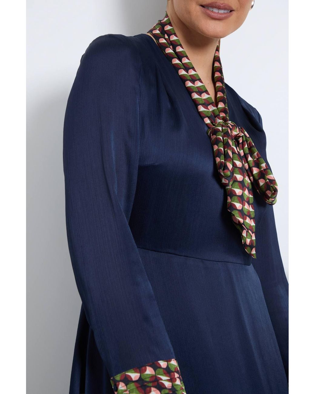 Wallis Blue Geo Satin Tie Neck Midi Dress