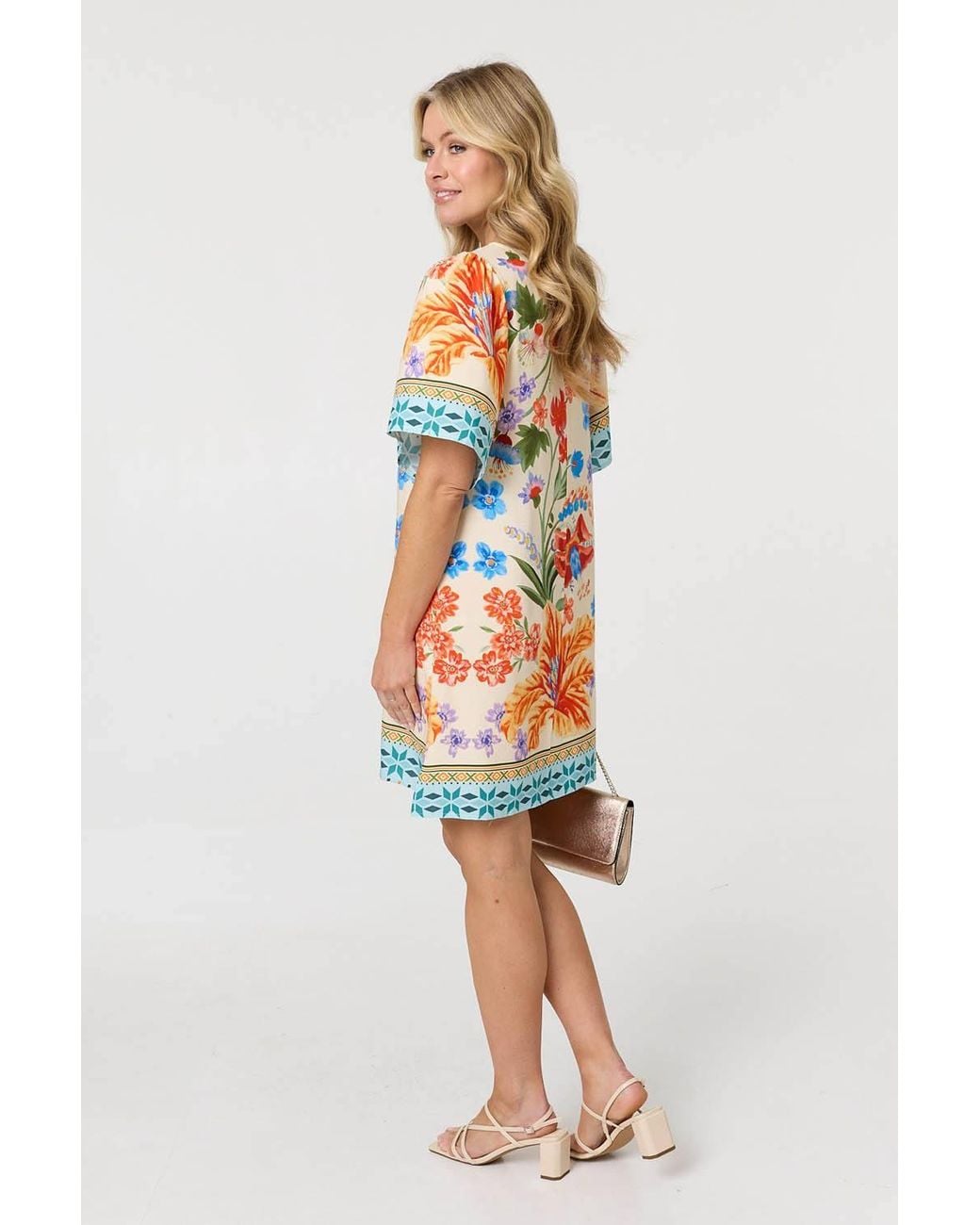 Izabel London Orange Floral Border Print Short Shift Dress