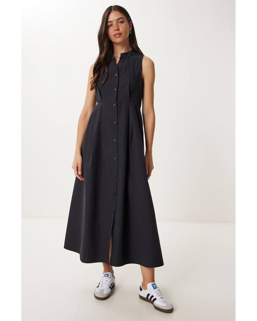 Happiness İstanbul Blue Mandarin Collar Sleeveless A-Line Midi Dress
