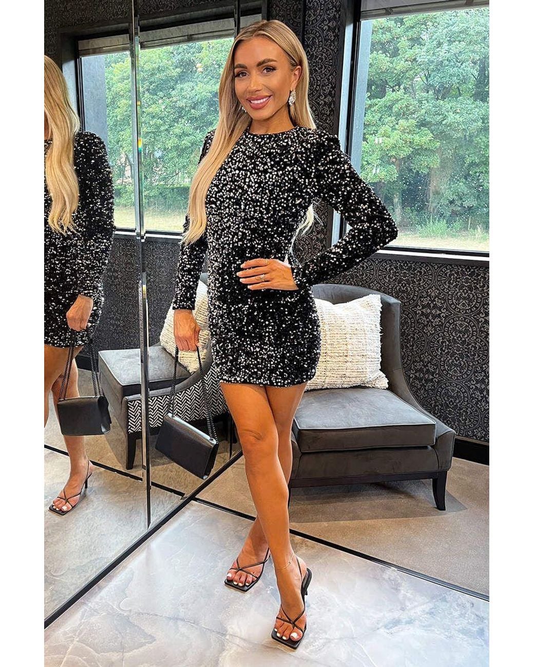 AX Paris Black Velvet Sequin Long Sleeve Bodycon Mini Dress