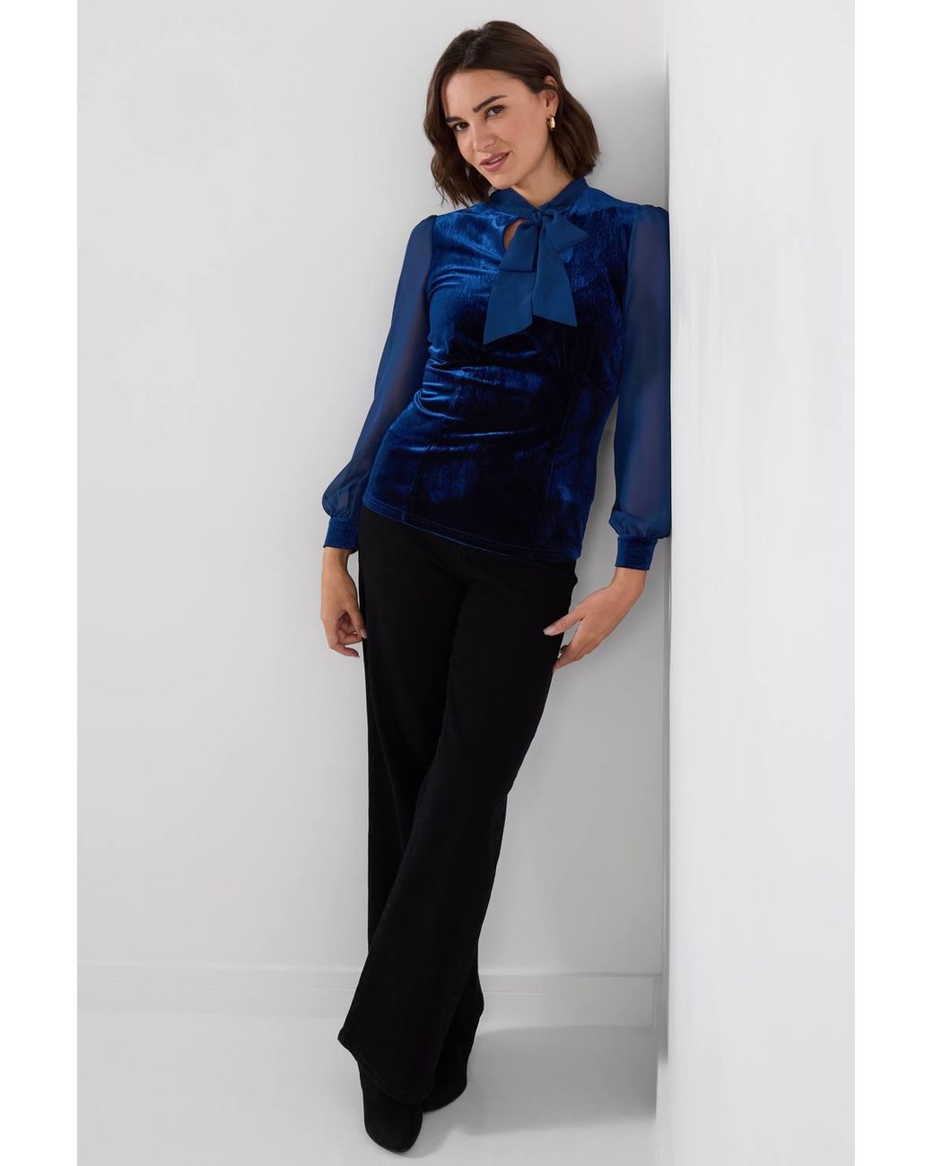 Joe Browns Blue Velour Tie Neck Top With Woven Sleeve