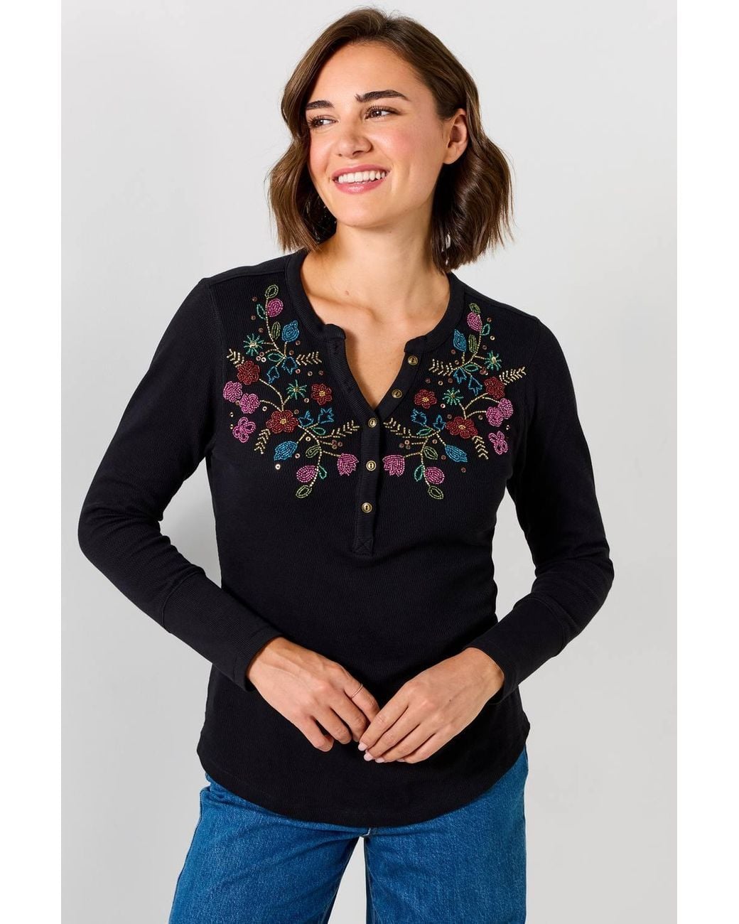 Joe Browns Black Henley Jersey Top With Floral Beading