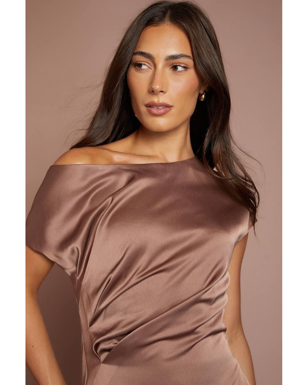 Coast Brown Off The Shoulder Asymmetric Hem Satin Midi Dress