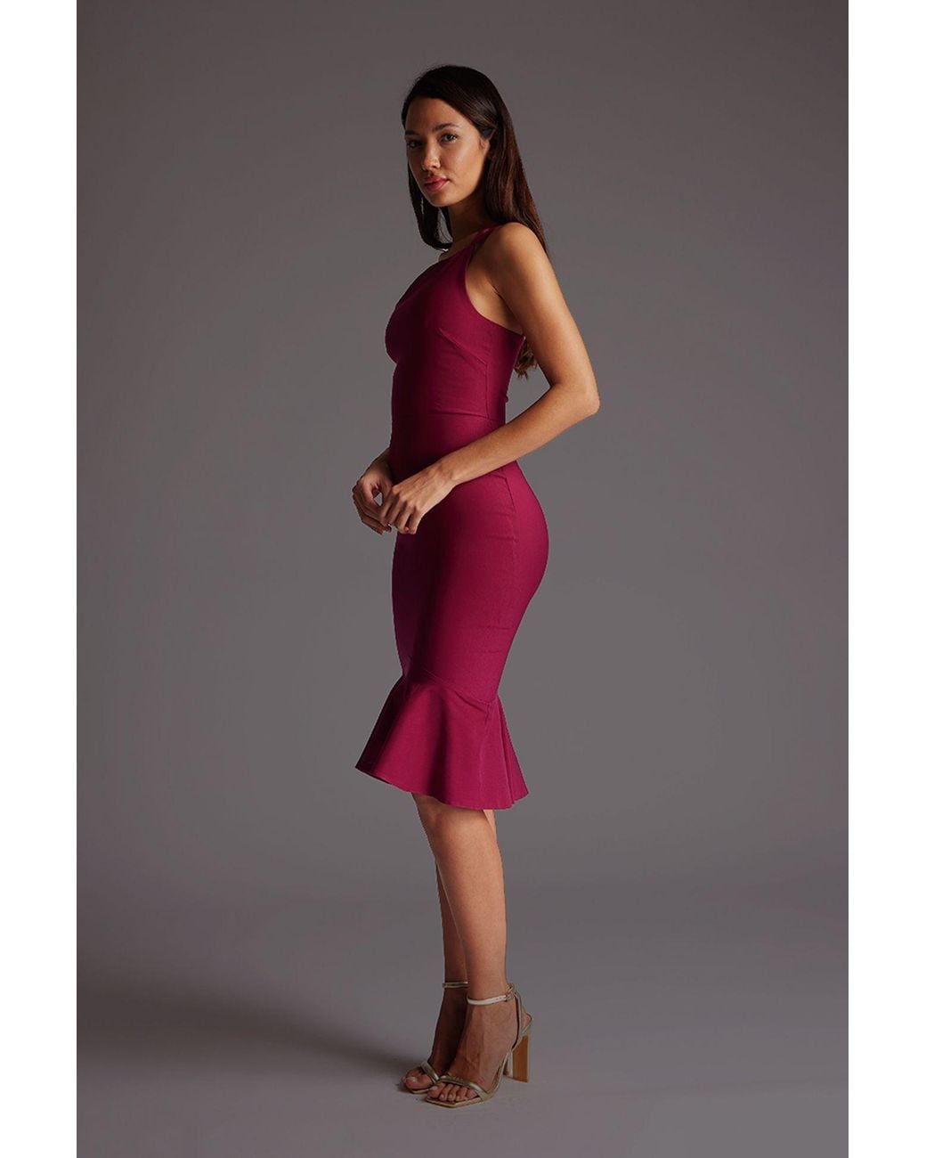 Vesper Red One Shoulder Midi Dress With Frill