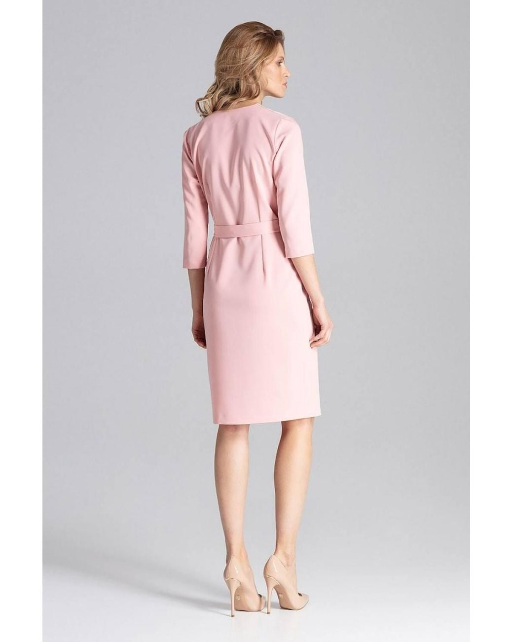 Love Lace Pink Classic Envelope Neck Work Dress With Belt