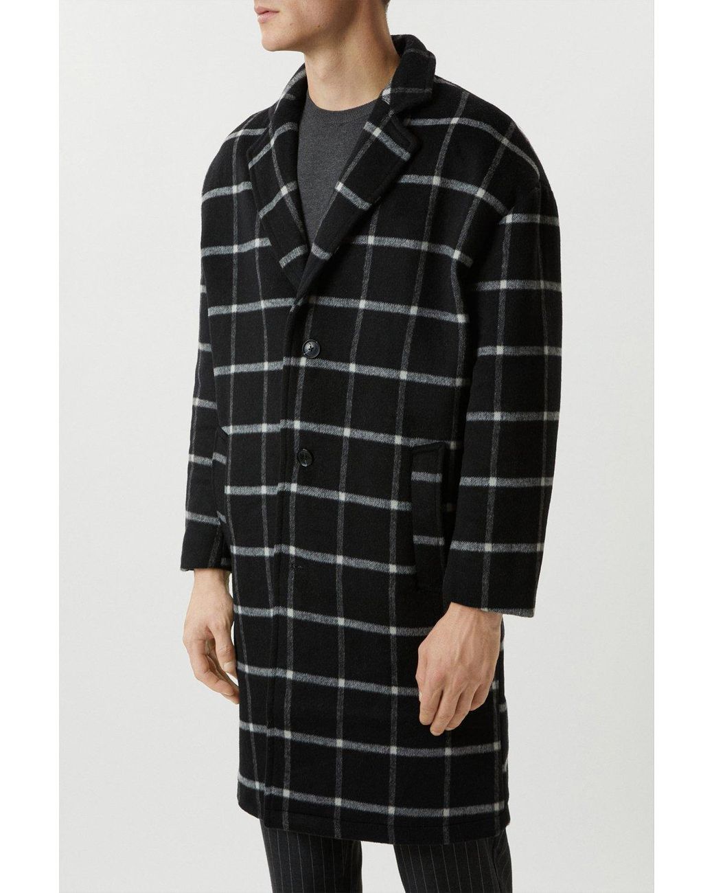 Burton Relaxed Fit Wool Checked Overcoat in Black for Men Lyst UK