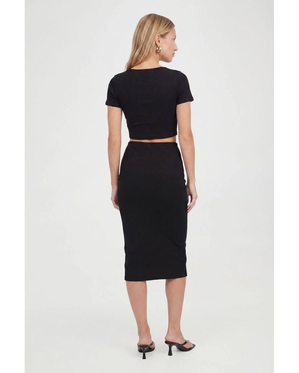 Roselle Black Ribbed Scoop Neck Crop Top & Midi Skirt Co-Ord Set