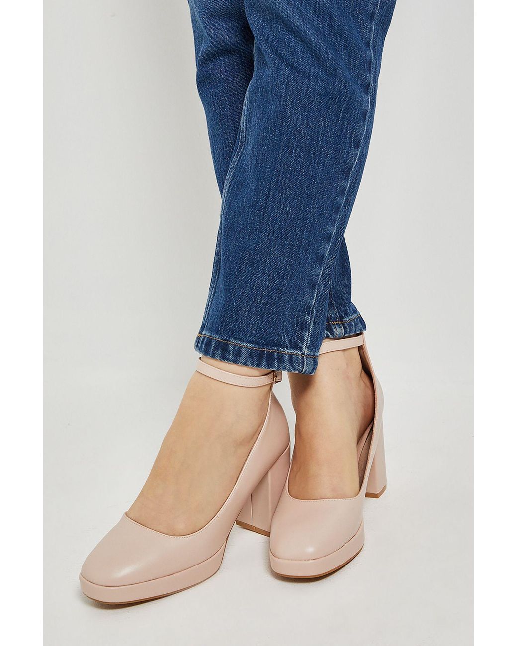Dorothy Perkins Blue Vanessa Faux Leather Platform Ankle Strap High Block Heel Court Shoes