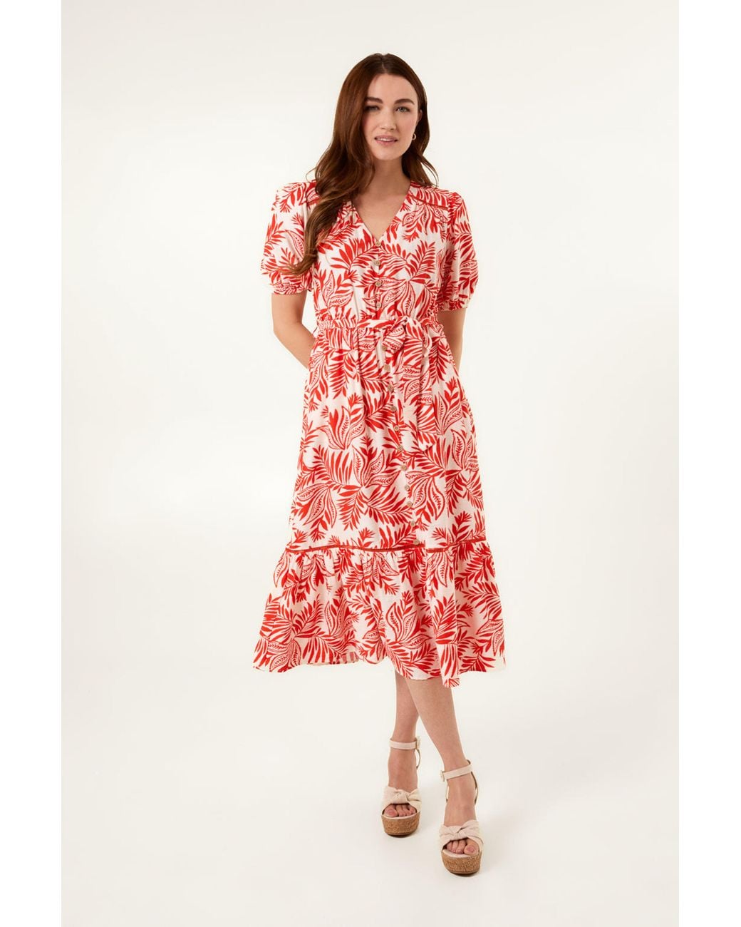 Blue Vanilla Red Elasticated Waist Short Sleeve Zip V-Neck Midi Dress