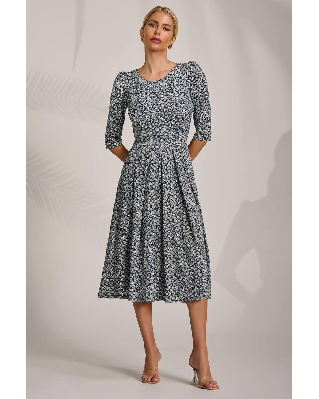 Jolie Moi Gray Sleeve Printed Jersey Midi Dress