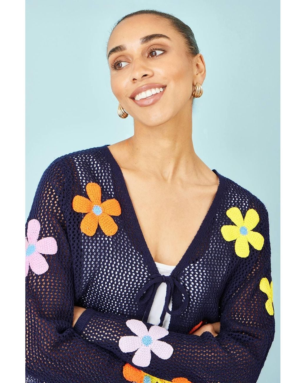 Yumi' Blue Tie Front Cardigan With Flower Design