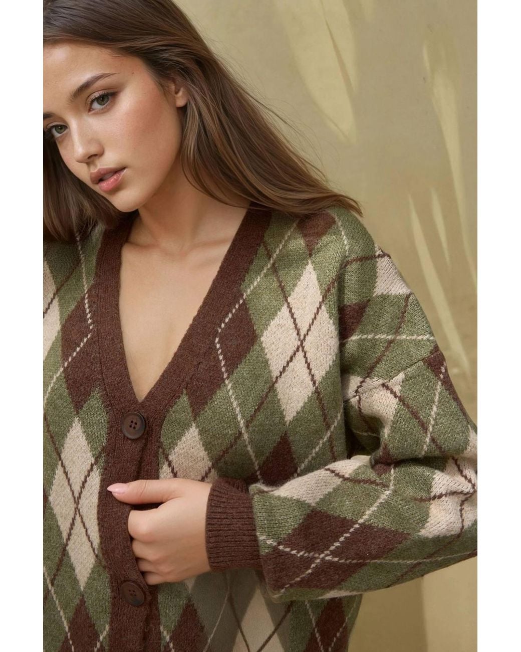 Hiccup Natural Long V-Neck Geometric Knitwear Cardigan With Buttons