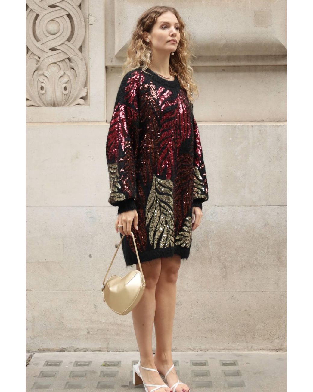CY Black Leave's Pattern Sequin Jumper Dress