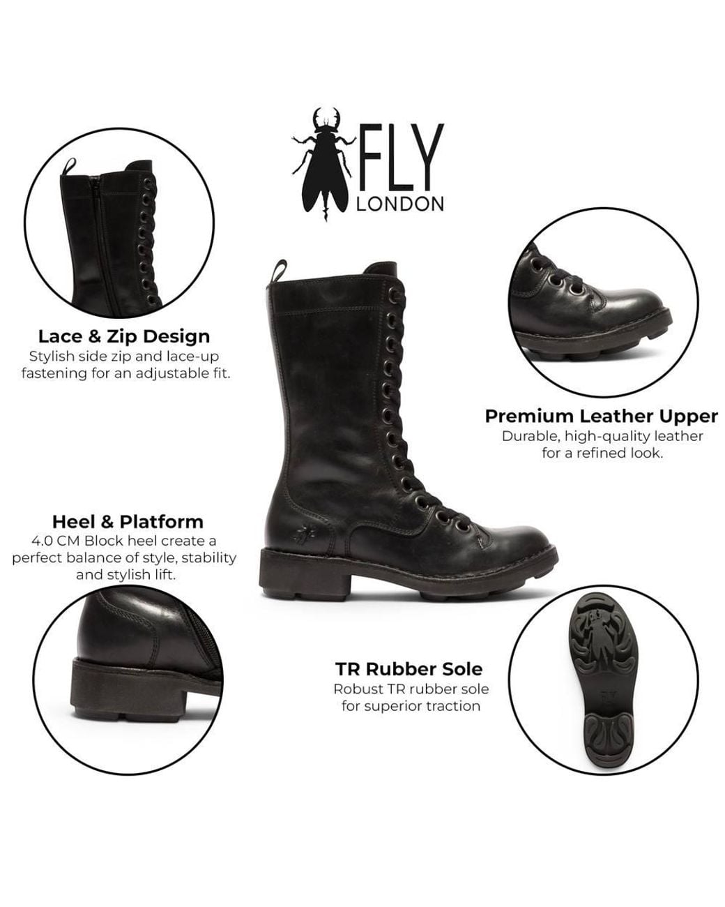 Infinity Leather Black Fly London Leather Lace-Up Combat Ankle Boots- Nole176