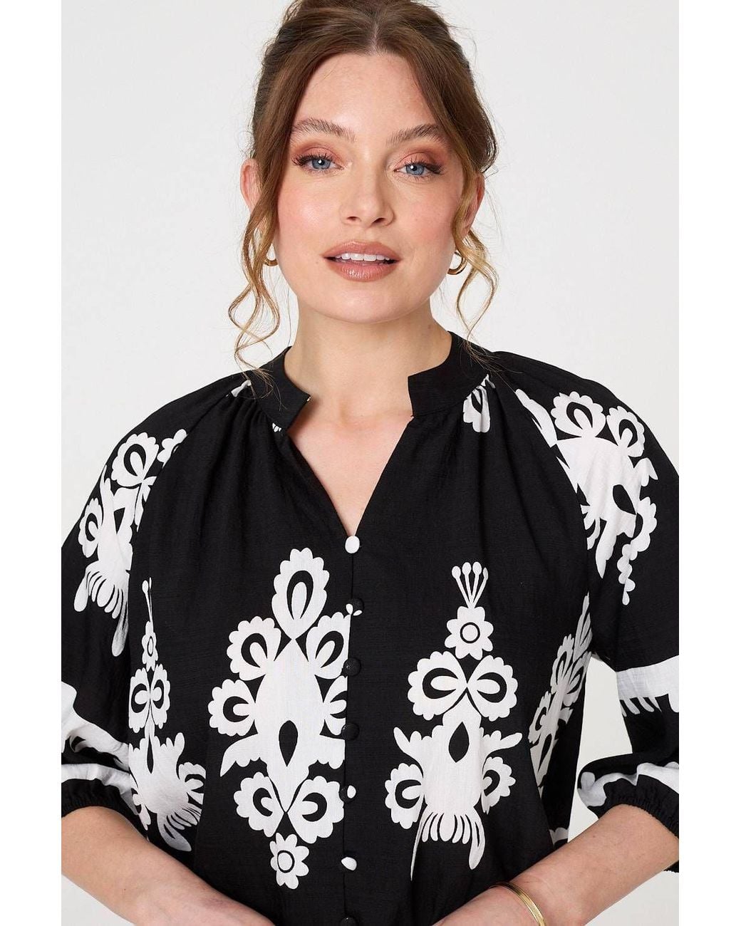 Izabel London Black Ikat Print 3/4 Sleeve Relaxed Blouse