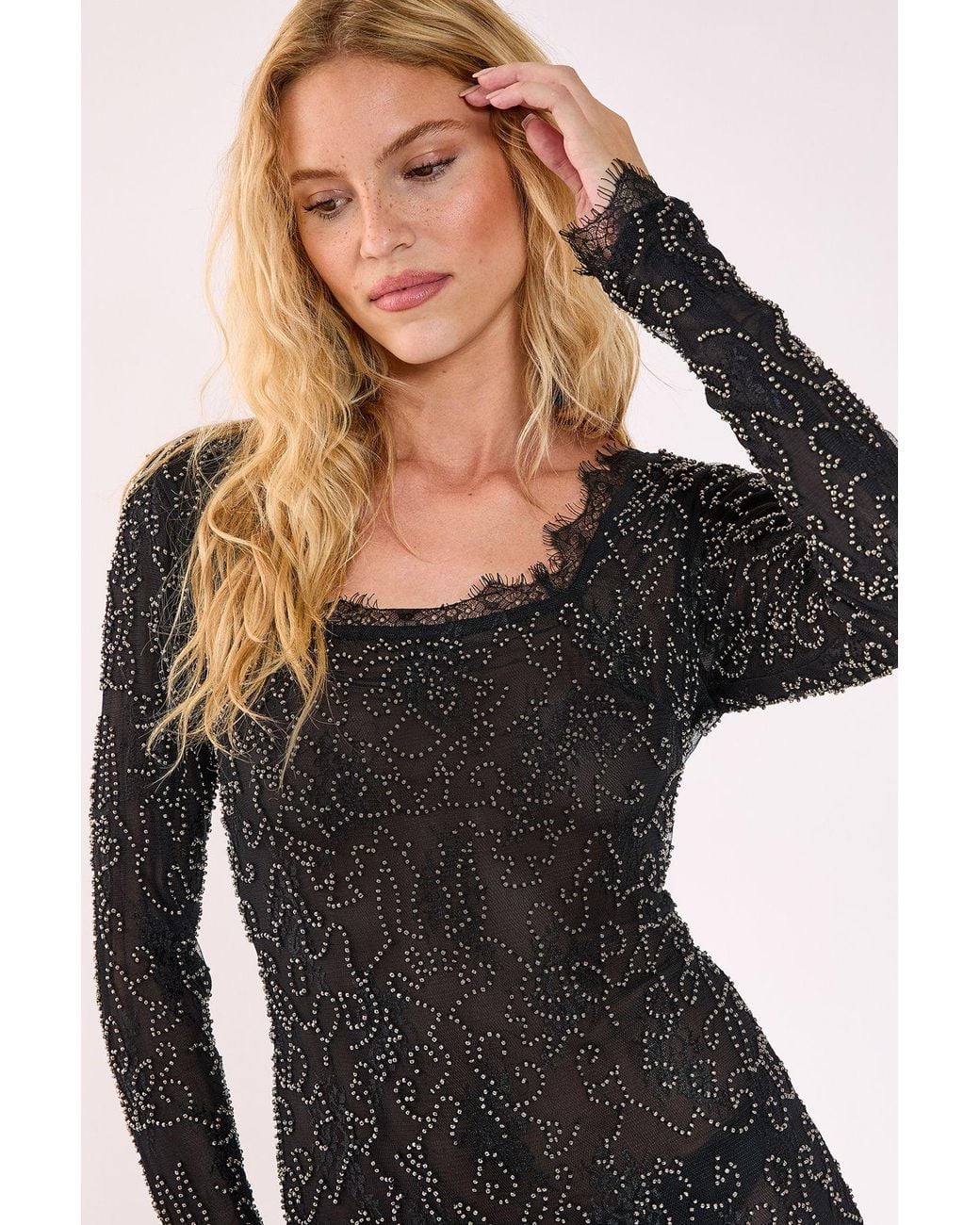 Nasty Gal Black Lace Hand Embellished Long Sleeve Mini Dress