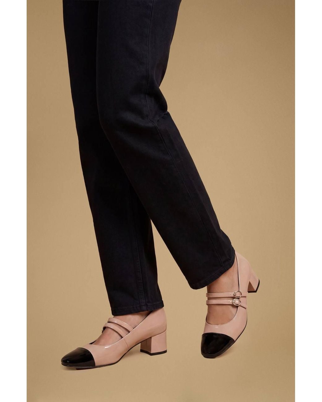 Oasis Blue Clair Faux Leather Toe Cap Block Heel Mary Janes