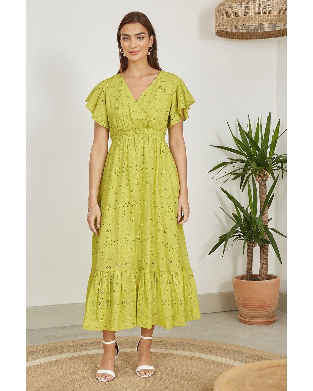 Yumi' Yellow Lime Cotton Broderie Anglaise Wrap Midi Dress