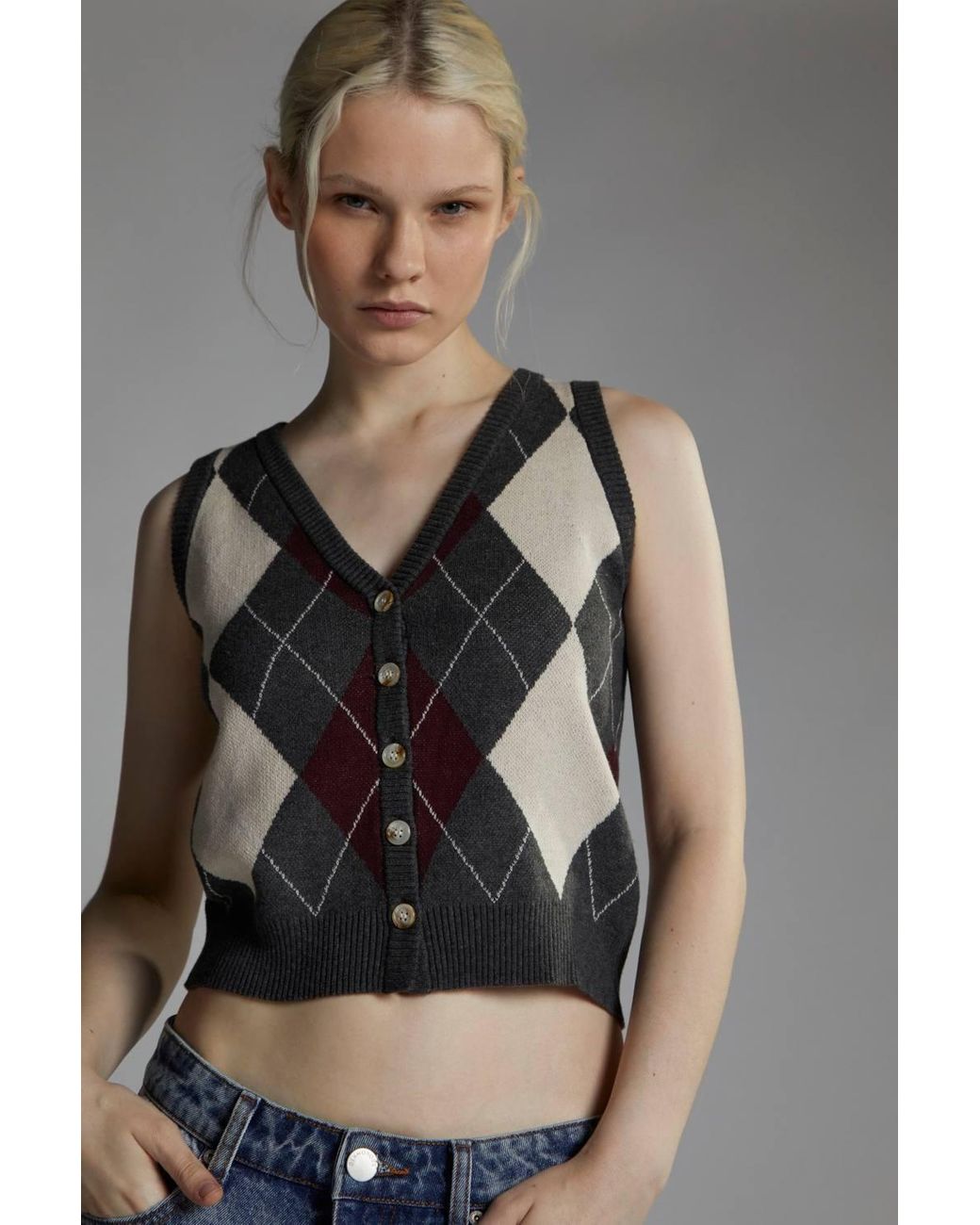 Shnoo Gray Button-Front-Vest Crop-Top
