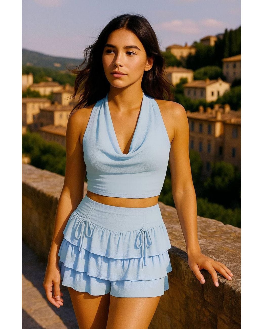 Stylewise Blue Tie Front Frill Detail Slinky Shorts