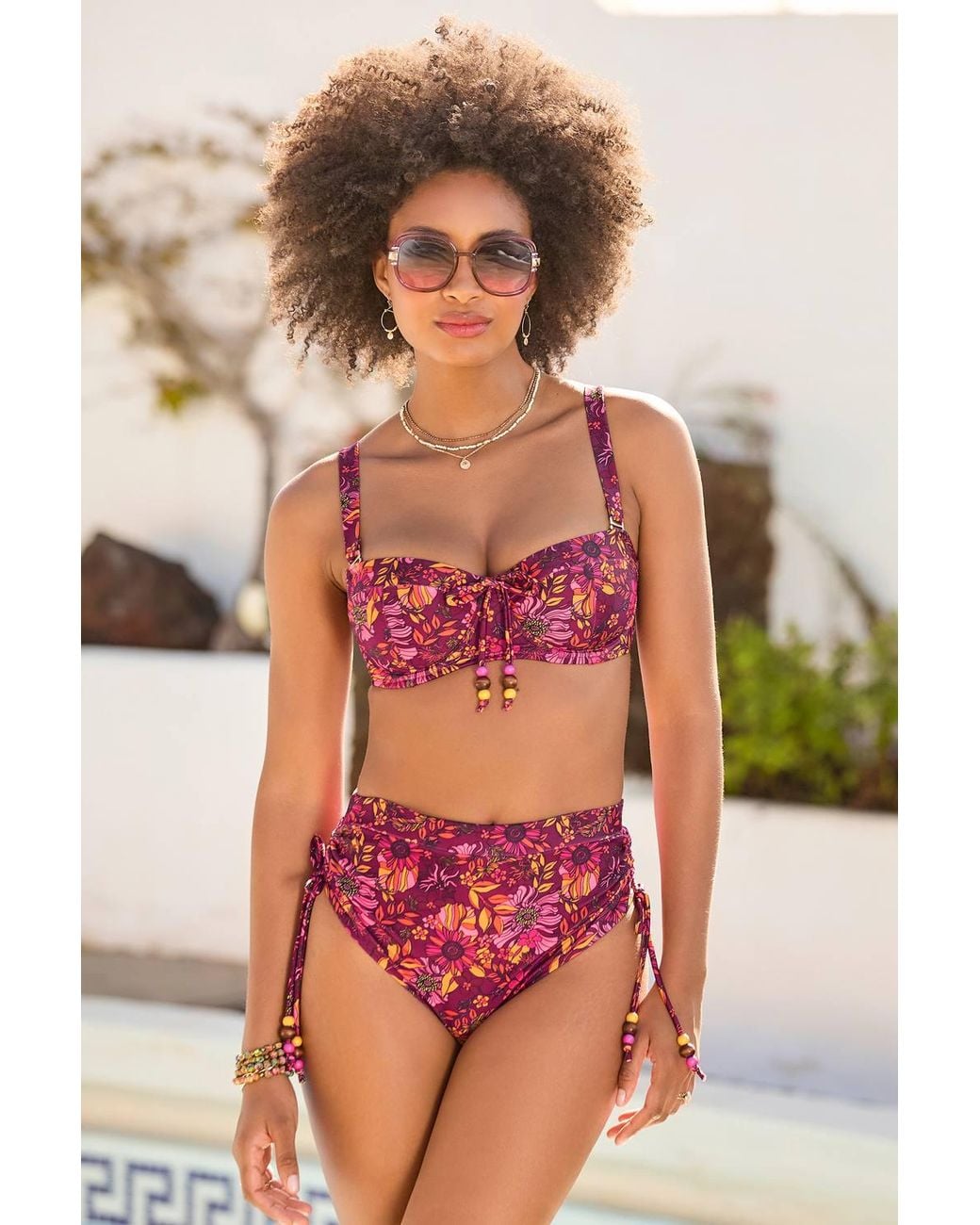Joe Browns Pink Floral Print Bikini Top With Hardware & Beaded Bow