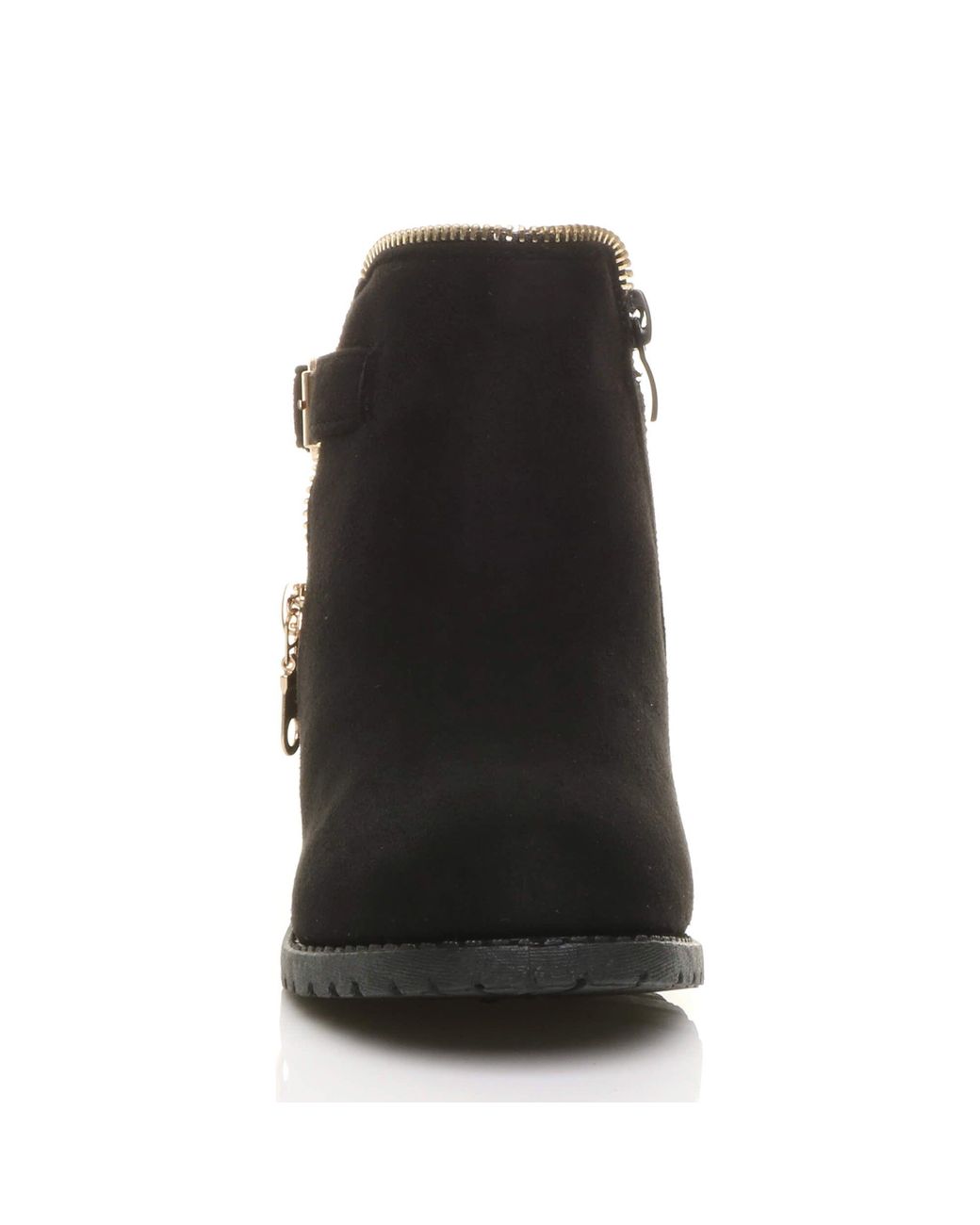 AJVANI Black Flat Heel Zip Biker Faux Suede Ankle Boots
