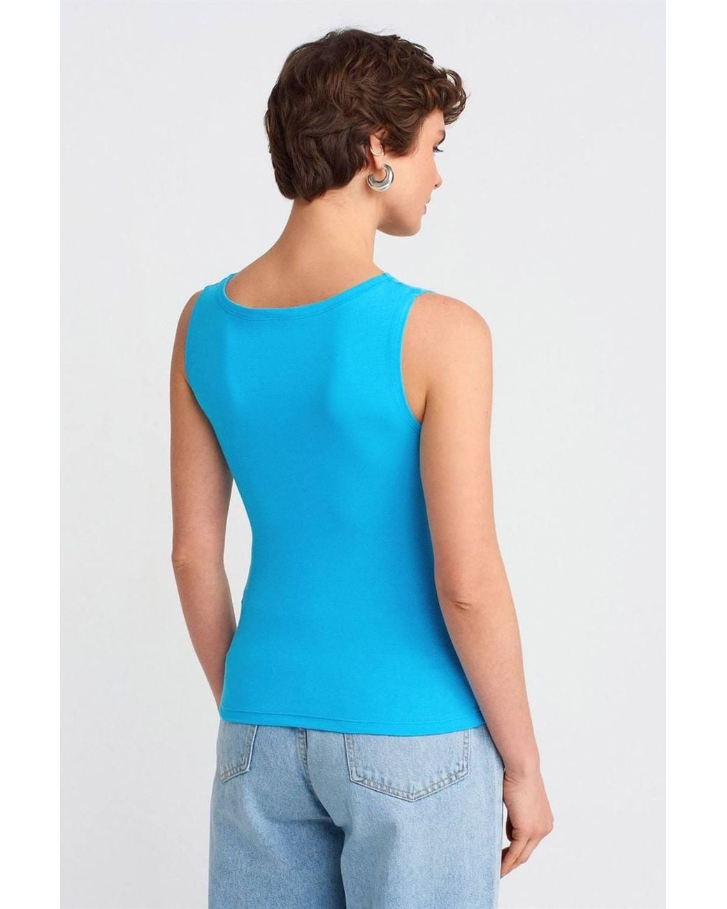 Dilvin Blue Sleeveless Slim-Fit Boat Neck Blouse