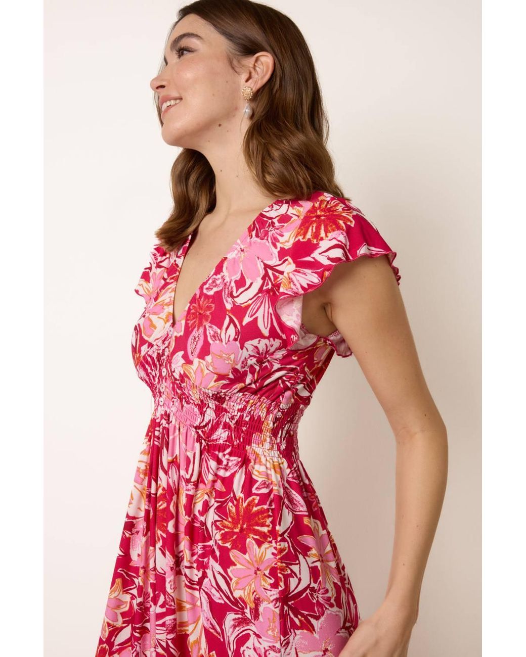 Blue Vanilla Pink Shirred Waist Short Sleeve V-Neck Midi Dress