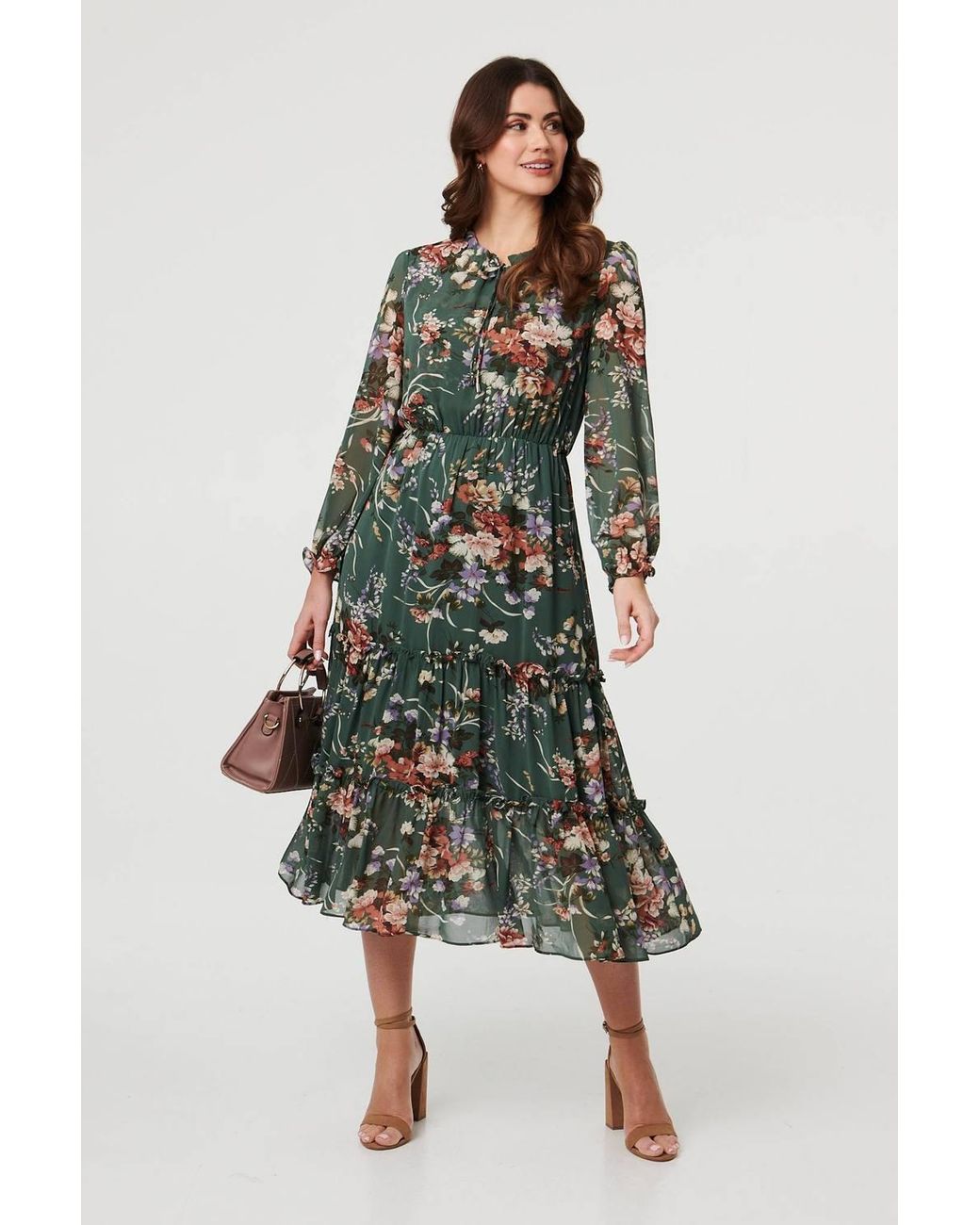 Izabel London Green Floral Tiered Long Sleeve Midi Dress
