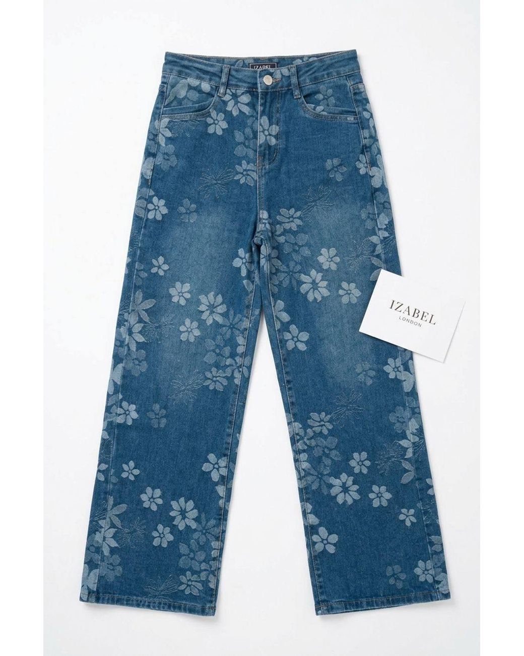 Izabel London Blue Floral High Waist Wide Leg Jeans