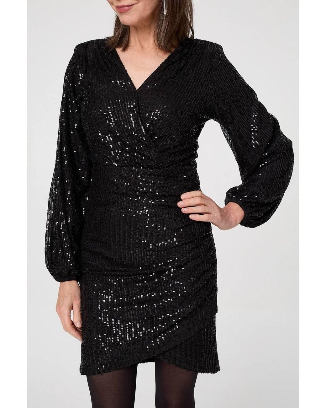 Izabel London Black Sequinned Long Sleeve Short Wrap Dress