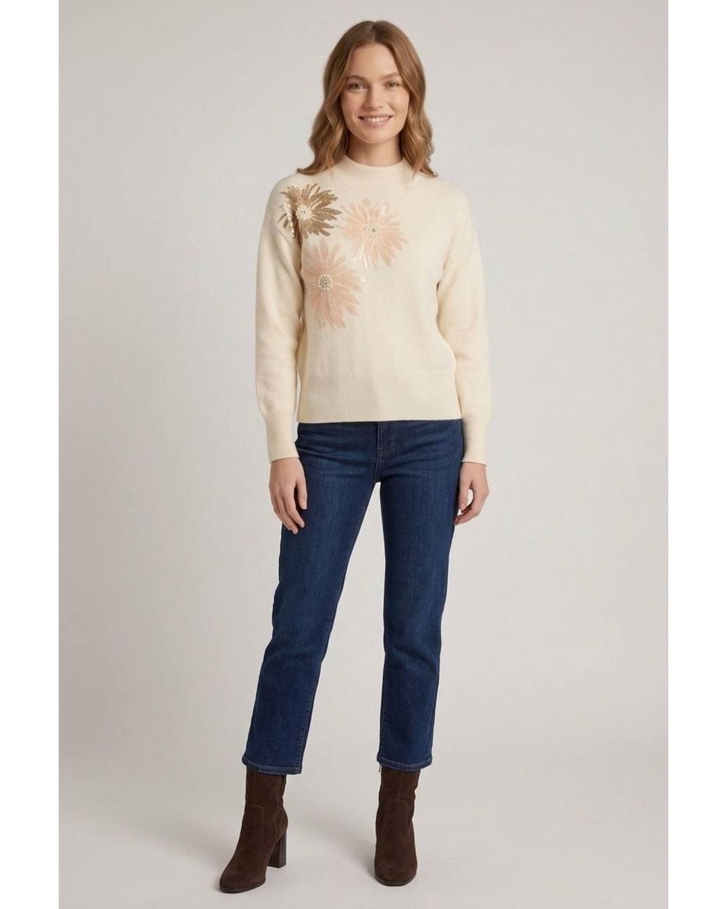 Izabel London Natural Floral Detail High Neck Relaxed Jumper
