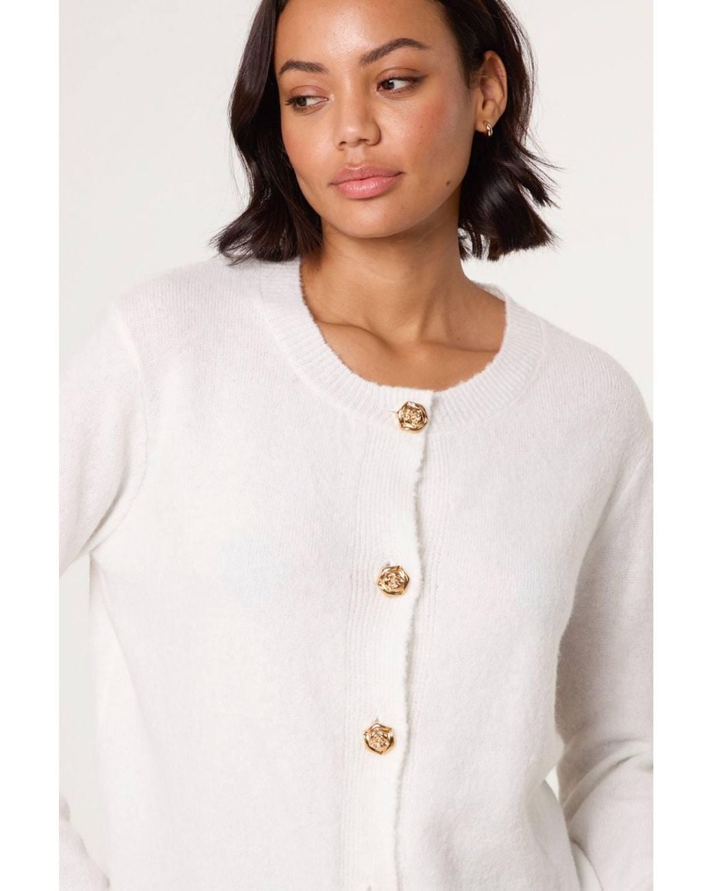 Blue Vanilla White Long Sleeve Button Up Round Neck Cardigan